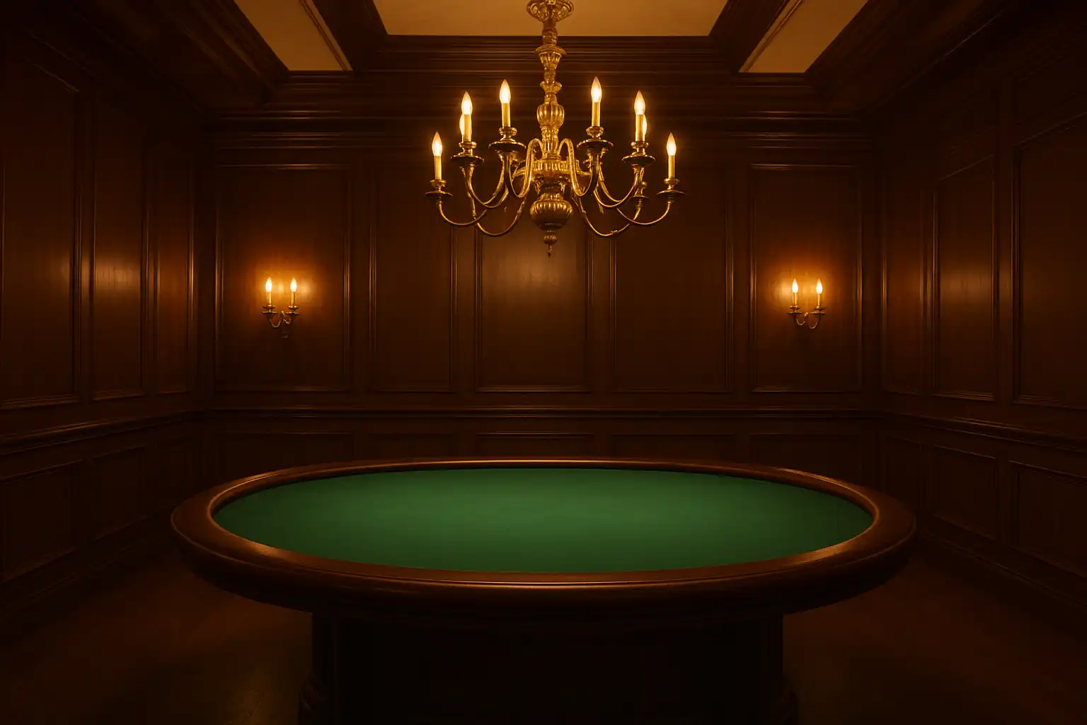 Green felt card table with dark wood trim and gold accents inside the BigDrago casino hall